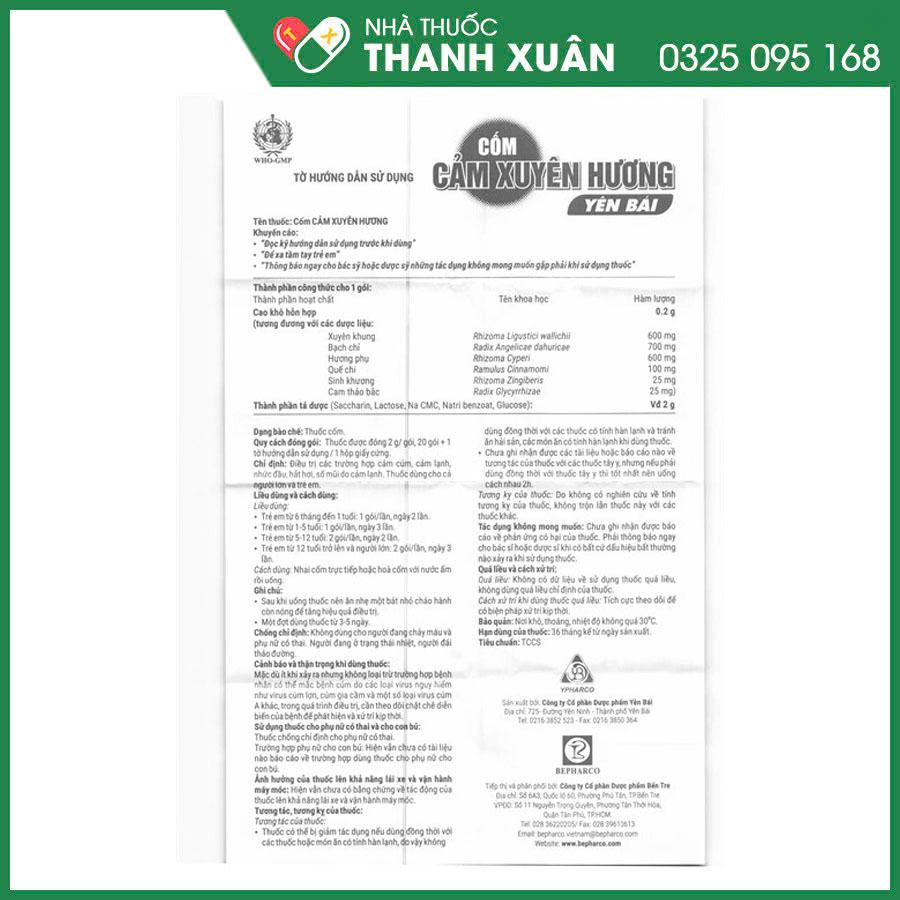 Cốm Cảm Xuyên Hương Yên Bái điều trị các trường hợp cảm lạnh, cảm cúm, giảm ho do lạnh, ho đờm nhiều